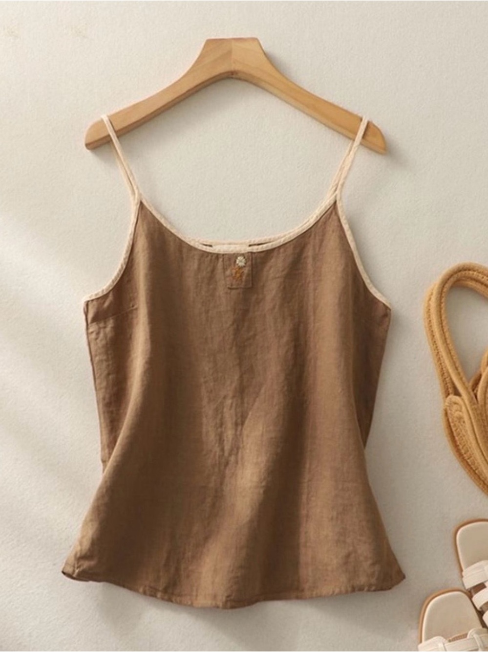 100% Linen Women's Brown Linen Spaghetti Strap Tank Top